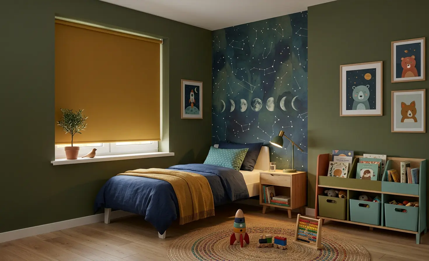Colourful, spacious child’s room with a standard yellow blind on the window.
