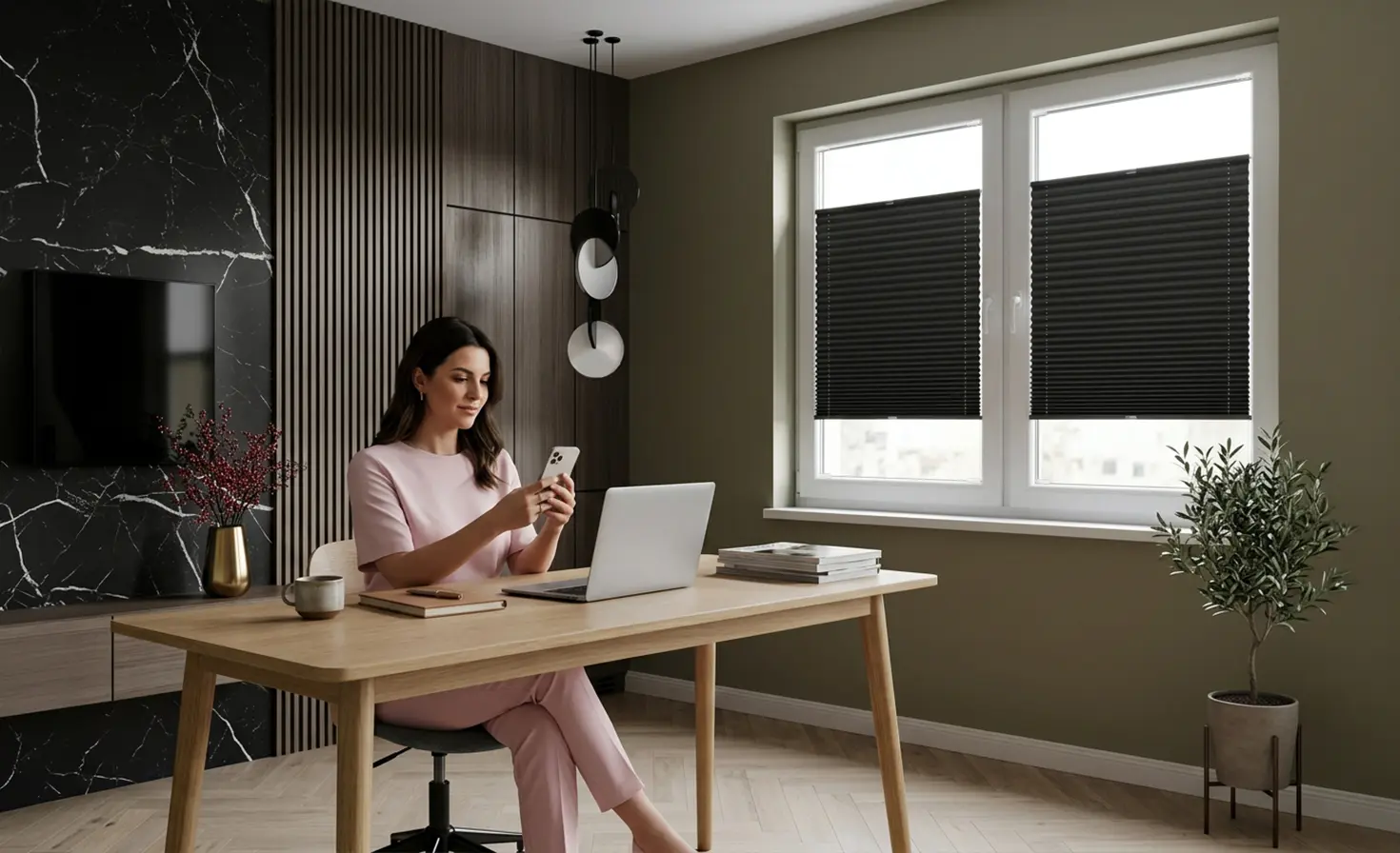Woman sitting at a desk in a minimalist office with black blackout pleated blinds on the window.