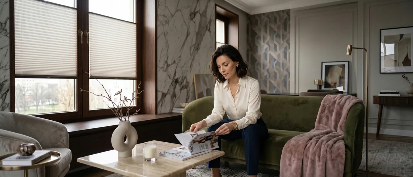 Woman sitting in a glamour-style living room, reading a magazine, with a standard grey pleated blind on the window.