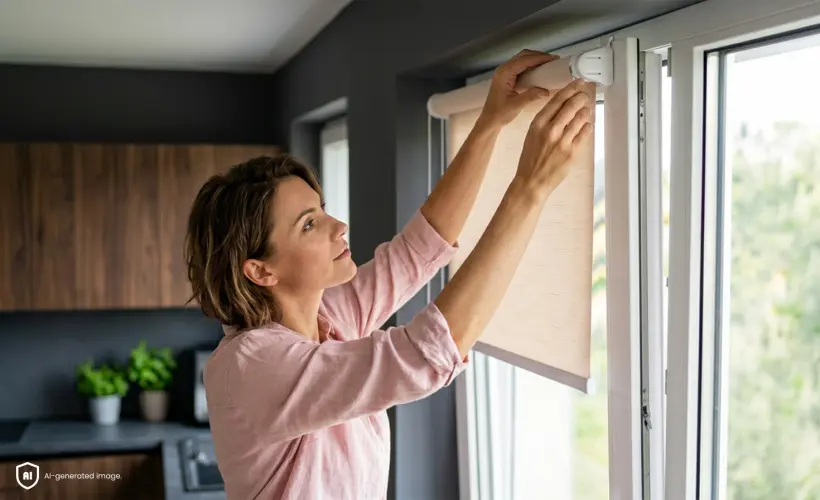 Woman in a dark kitchen installing a standard beige blind on the window.