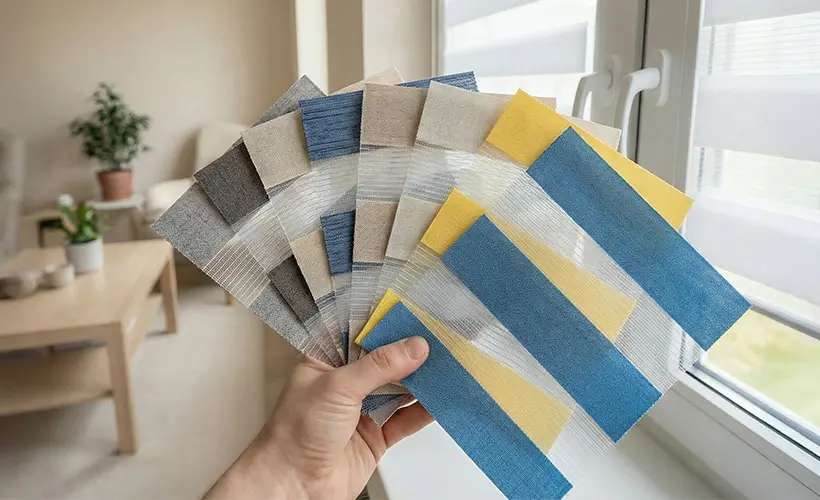 A hand holding fabric samples for day and night blinds in different colours.