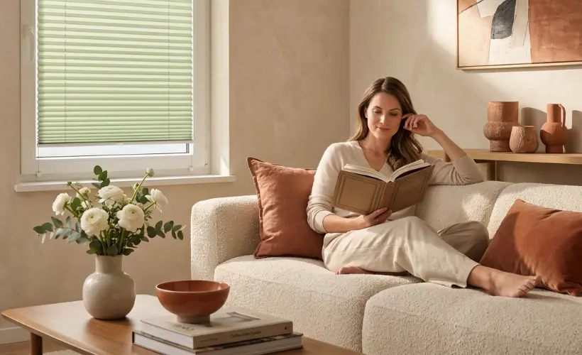 A woman sitting on a sofa, reading a book in a sunny living room with green pleated blinds on the window.
