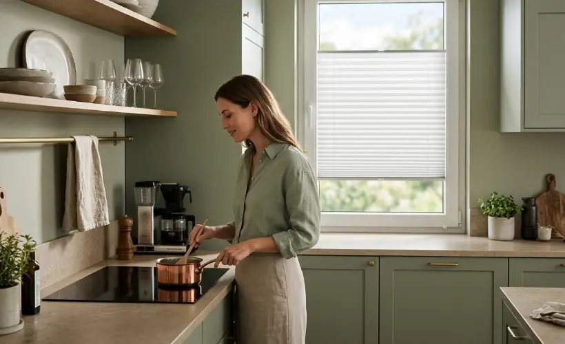 A woman preparing a meal in a kitchen decorated in earth tones: sage and beige, with white standard pleated blinds on the window.