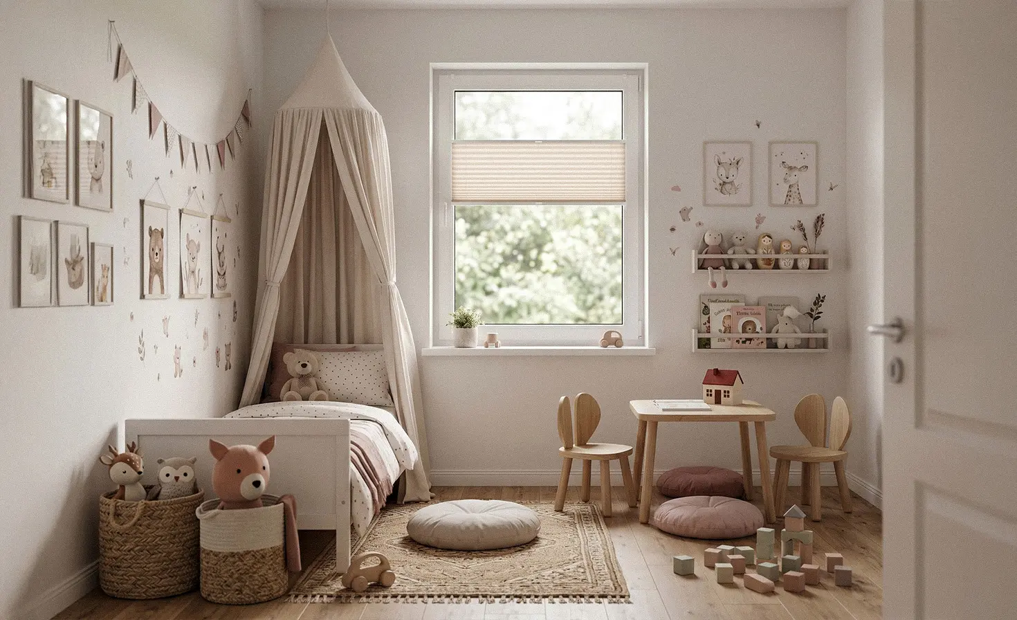 Small, cosy, bright child&rsquo;s room with a pearl pleated blind on the window.