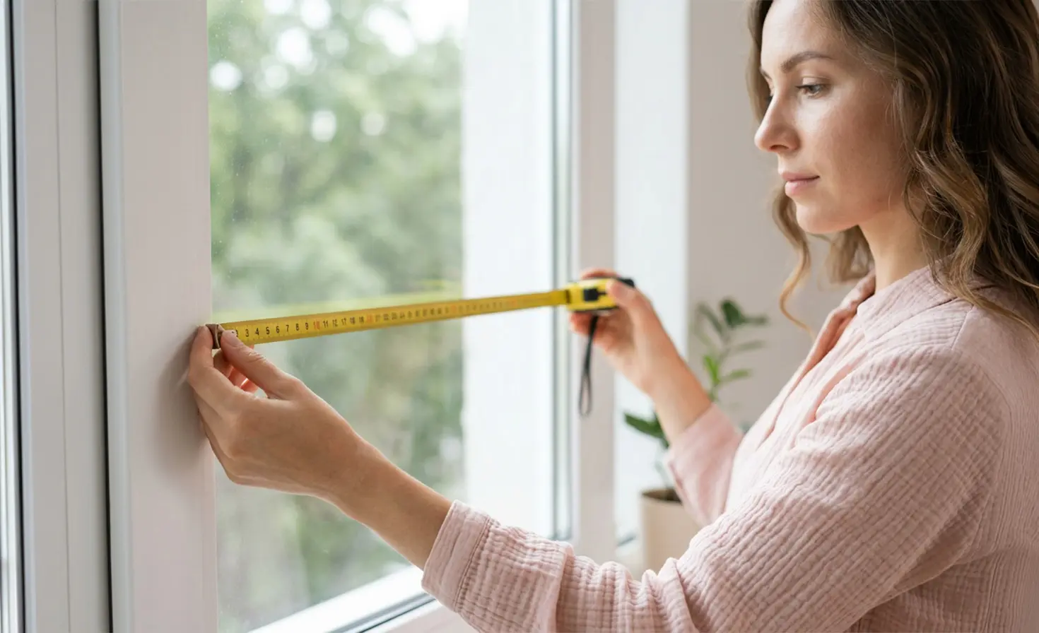 Woman standing by a window with a tape measure, measuring the window before buying a blind.