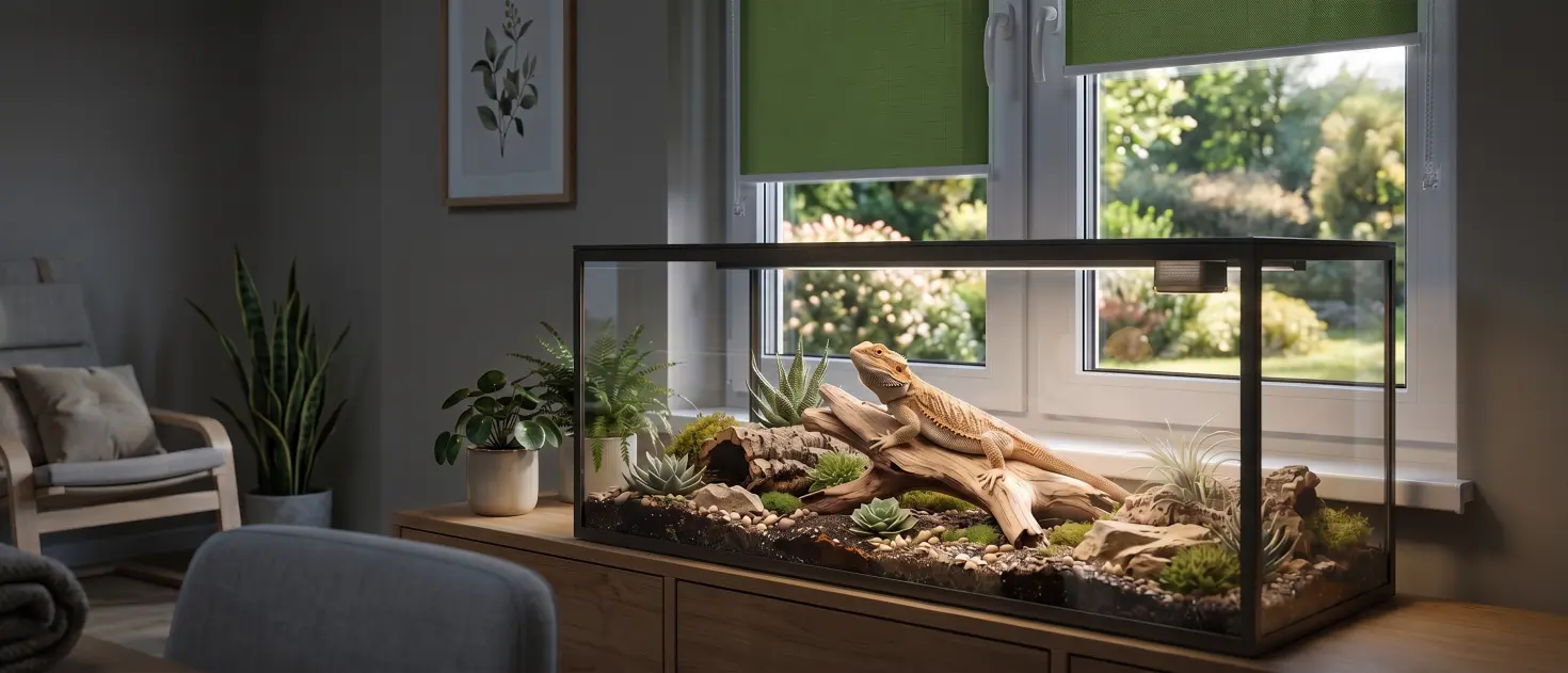 Bearded dragon in a small terrarium, in the background a green standard roller blind on the window