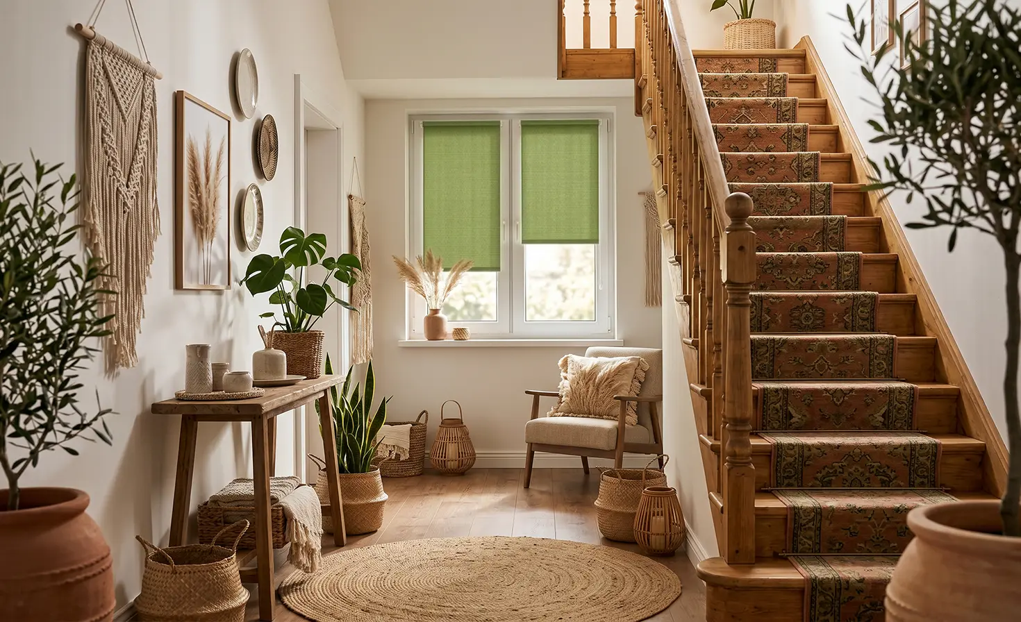 Boho-style hallway with green Standard roller blinds on the window