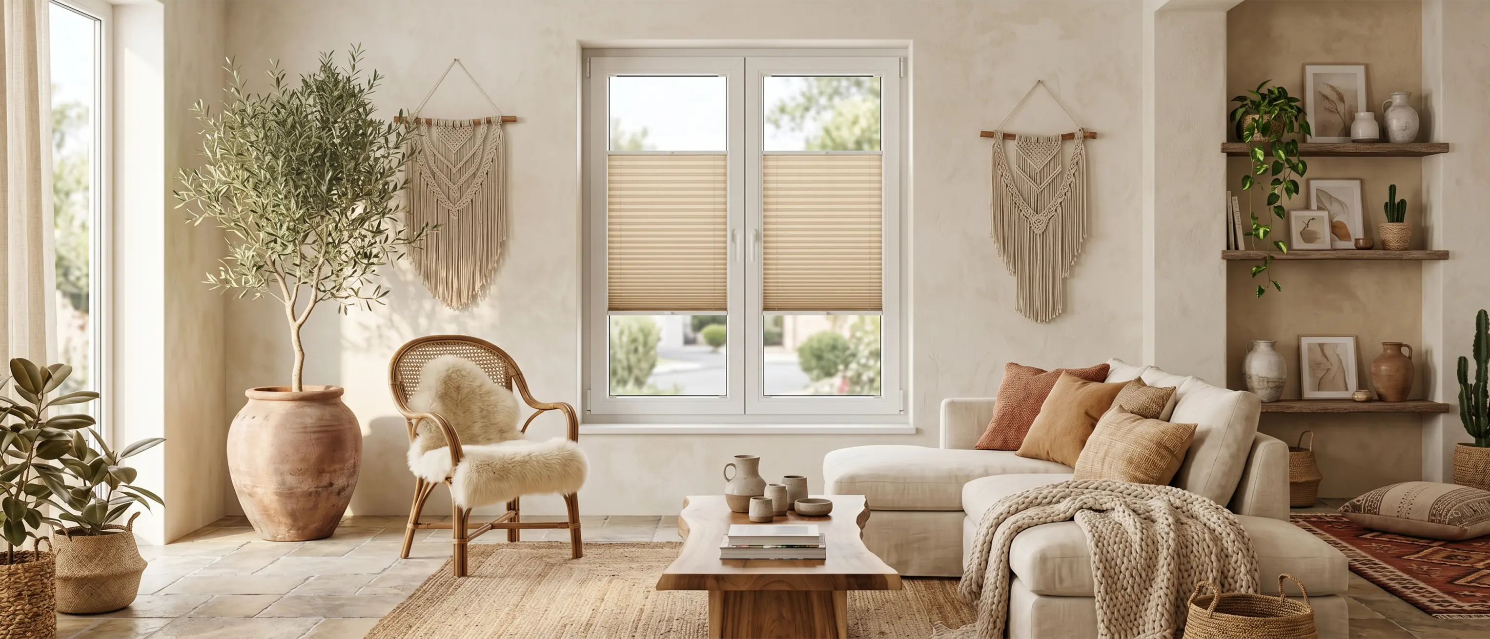 Cosy boho-style living room with beige Standard pleated blinds on the window