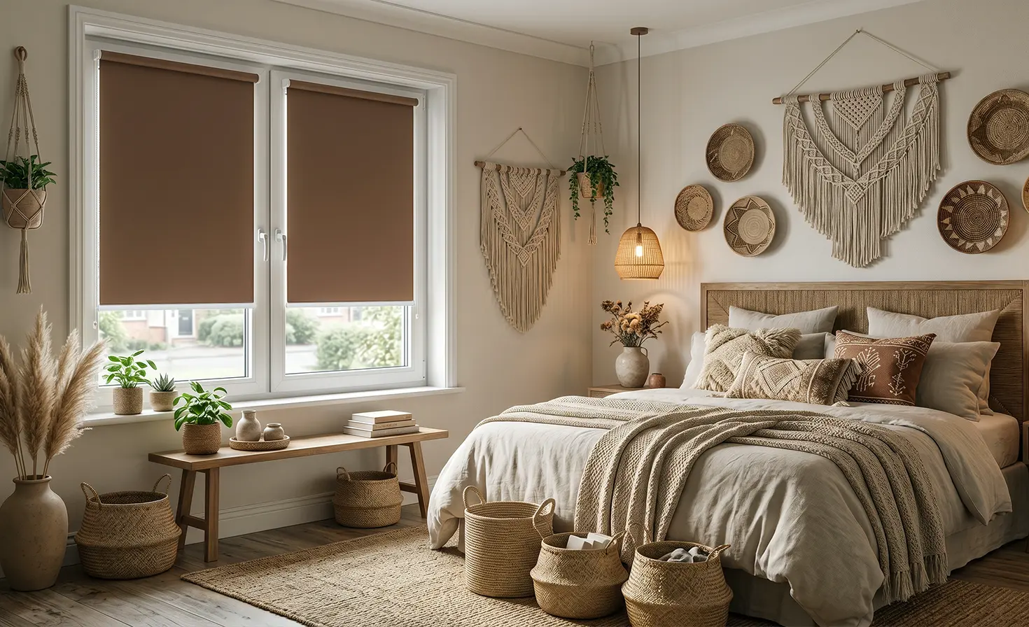 Cosy boho bedroom with brown blackout roller blinds on the window