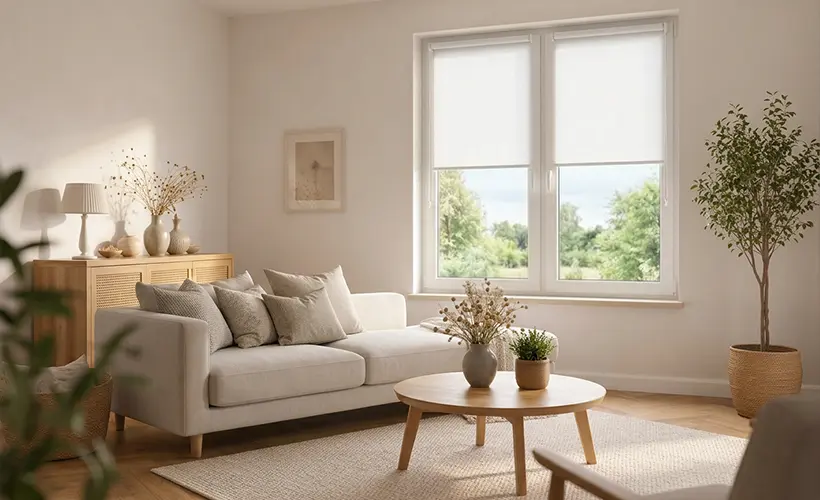 A Scandinavian-style living room in the Cloud Dancer color with a white blind on the window, wooden furniture, and natural accessories