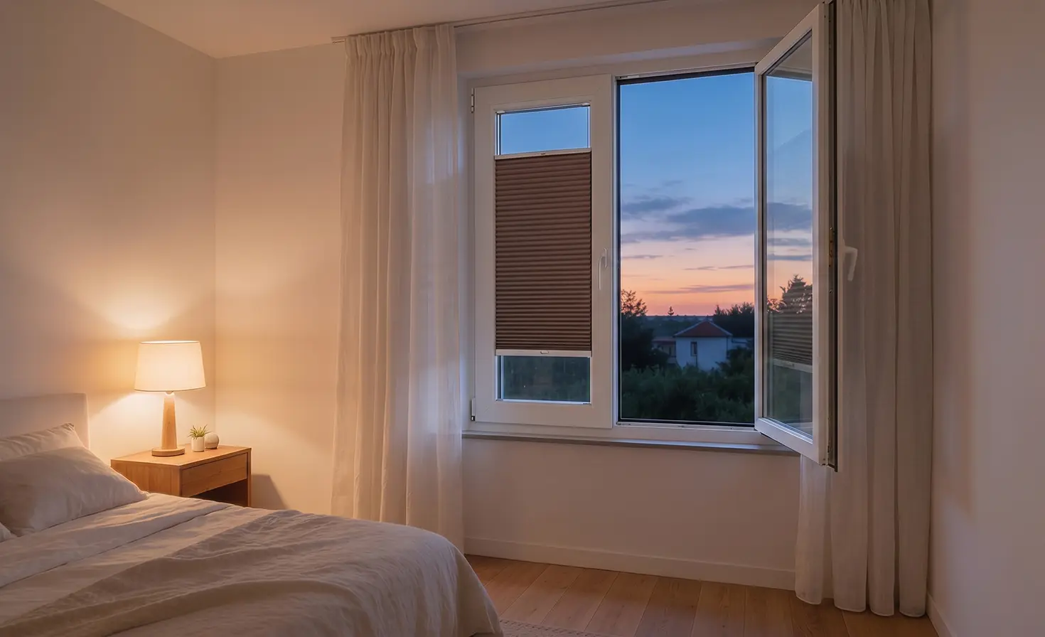 Cosy bedroom with an open window and brown cellular honeycomb blinds on the windows