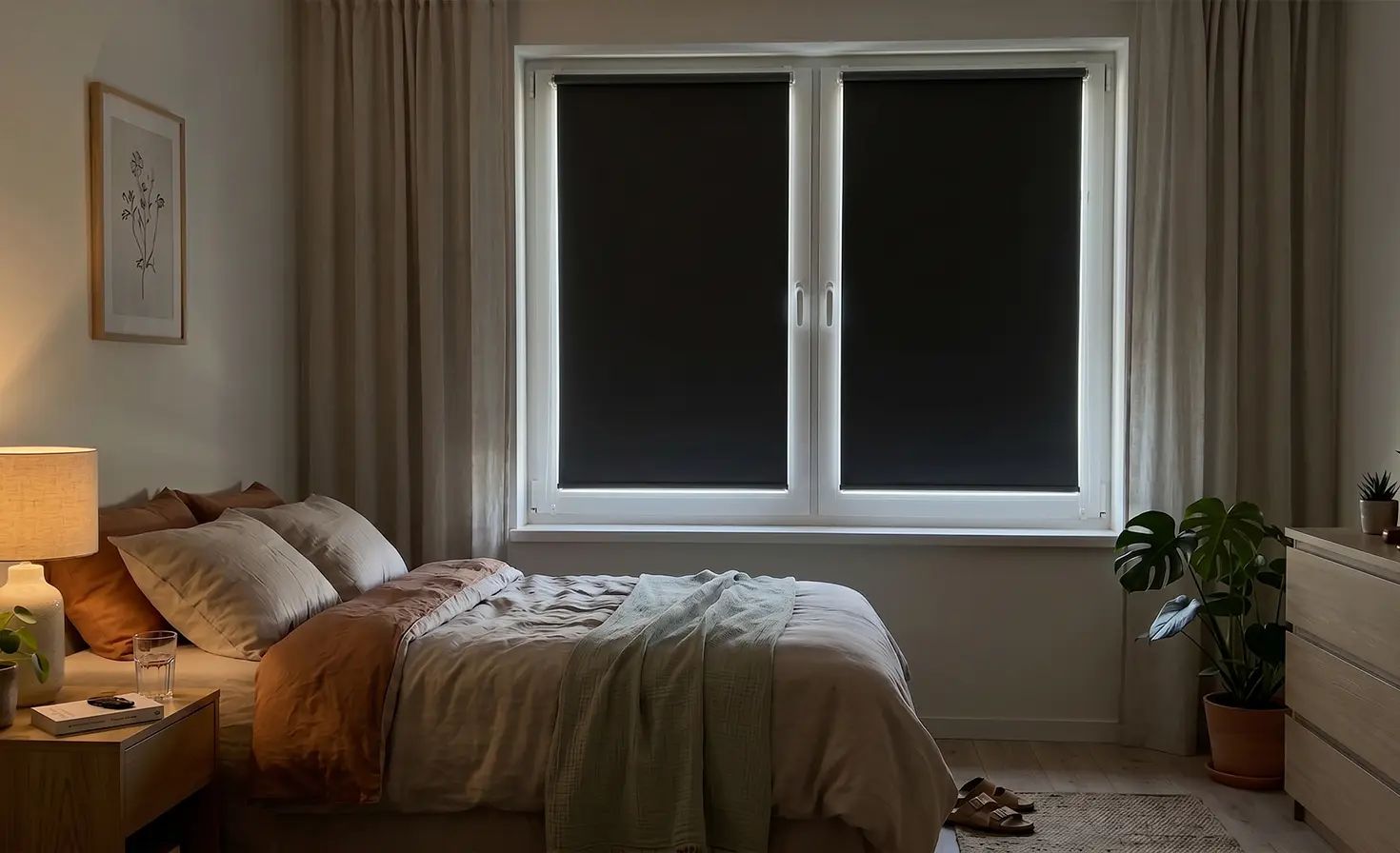 Bedroom with grey blackout roller blinds on the windows