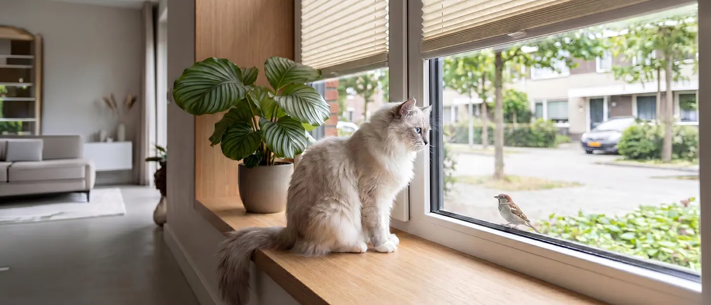 Cat sitting on a windowsill, looking out through an uncovered window with a standard beige pleated blind.