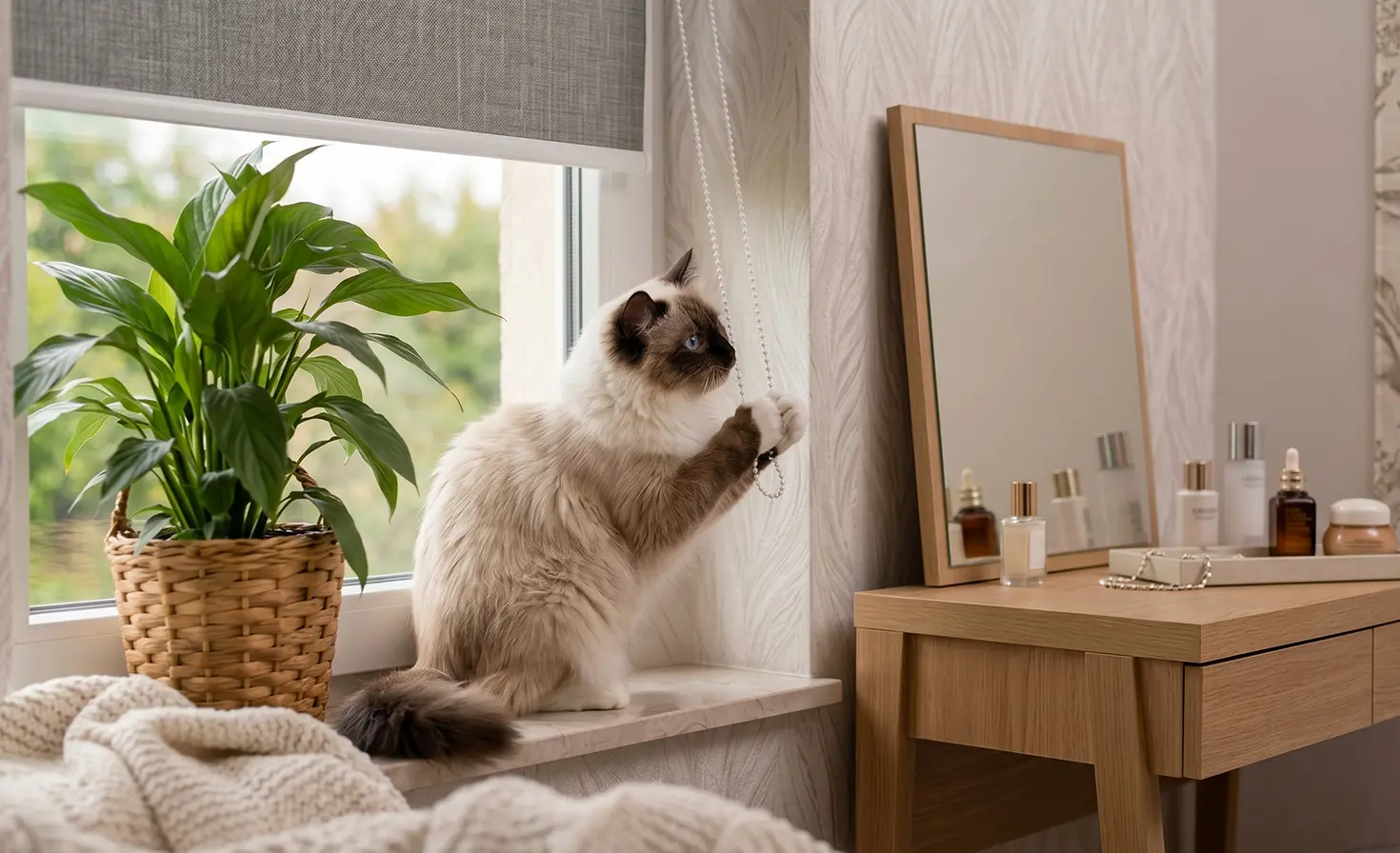 Cat sitting on a windowsill next to a plant, playing with the blind chain.