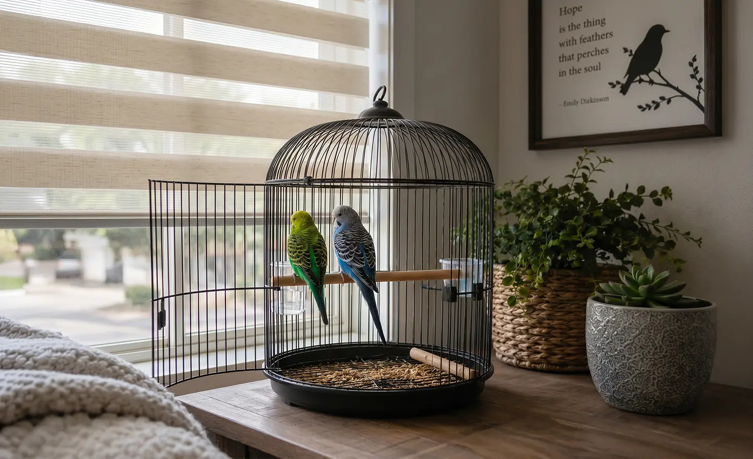 Colourful parrots in an open cage on a desk by a window with a beige day-and-night blind.