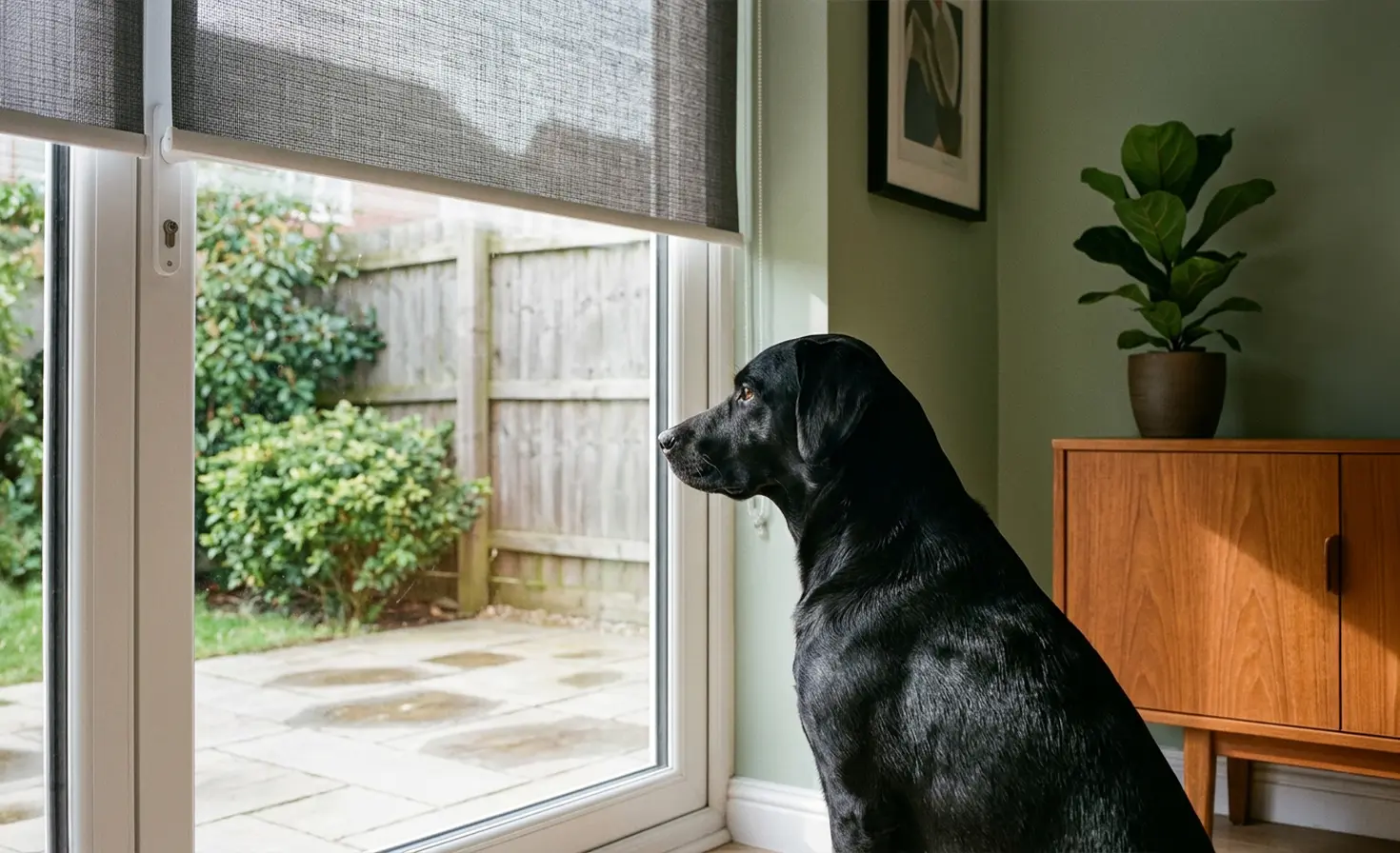 Large black dog looking through a balcony window with a standard grey blind.