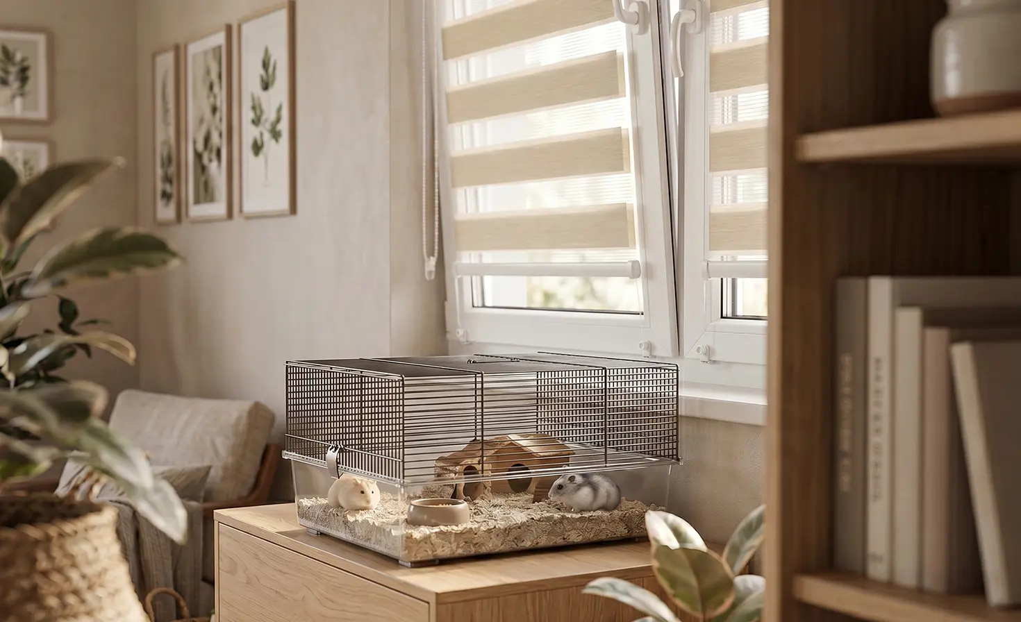 Hamster cage on a cabinet by a window with a beige day-and-night blind on the window.