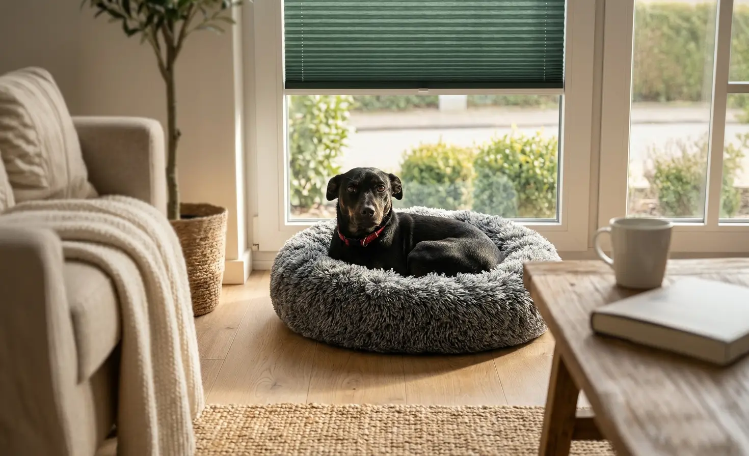 Small black dog lying in a dog bed by a window with a standard pleated blind.