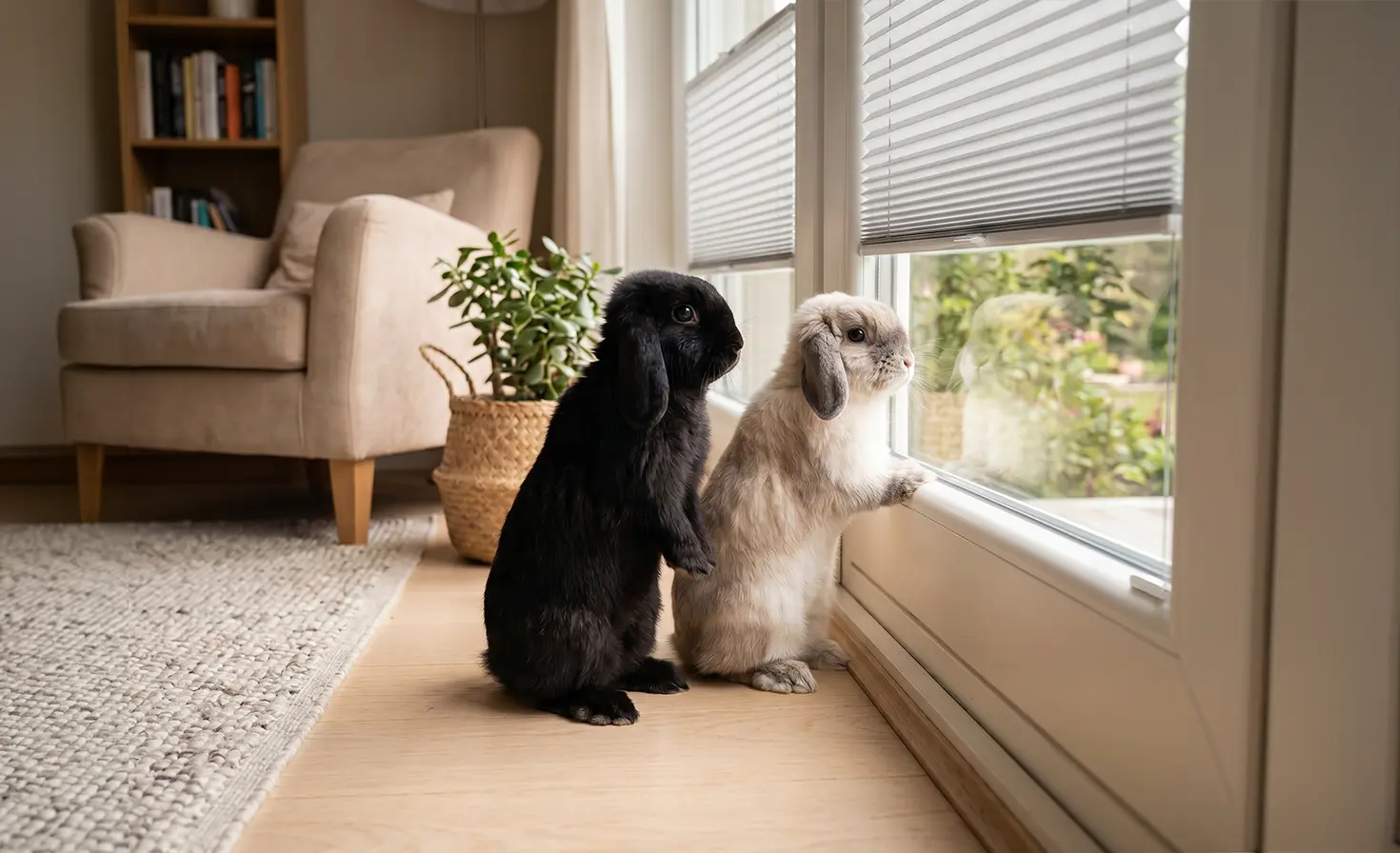 Two small rabbits looking out of the window, with standard grey pleated blinds on the window.