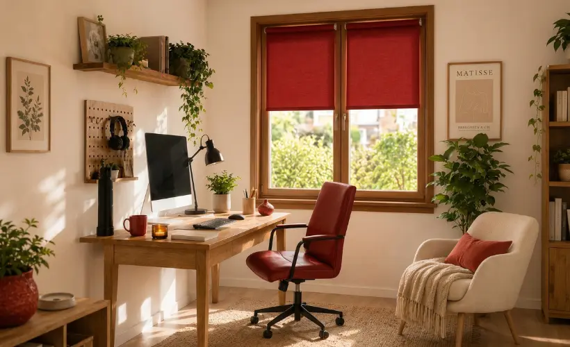 Cosy office with standard roller blinds in marsala red on the windows