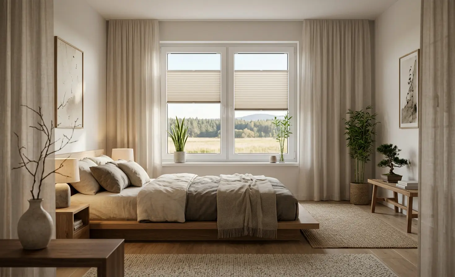 A cosy beige Japandi-style bedroom with beige pleated blinds on the window.