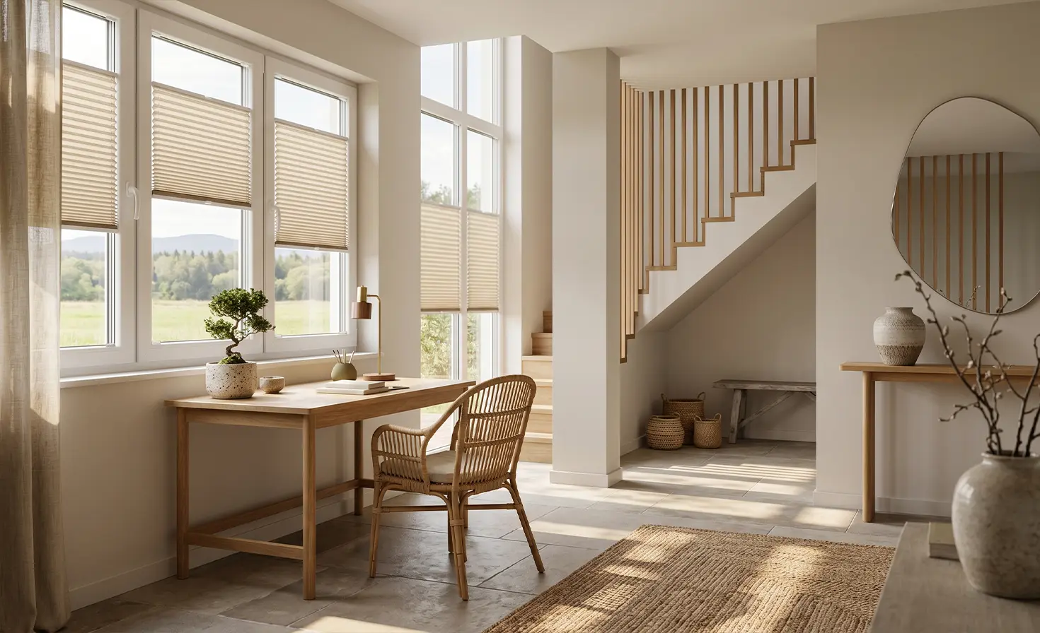 A spacious Japandi-style room with stairs and beige pleated blinds on the windows.