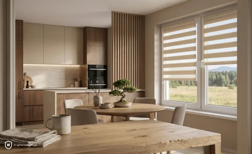 A modern, stylish Japandi-style kitchen with beige day and night blinds on the window.