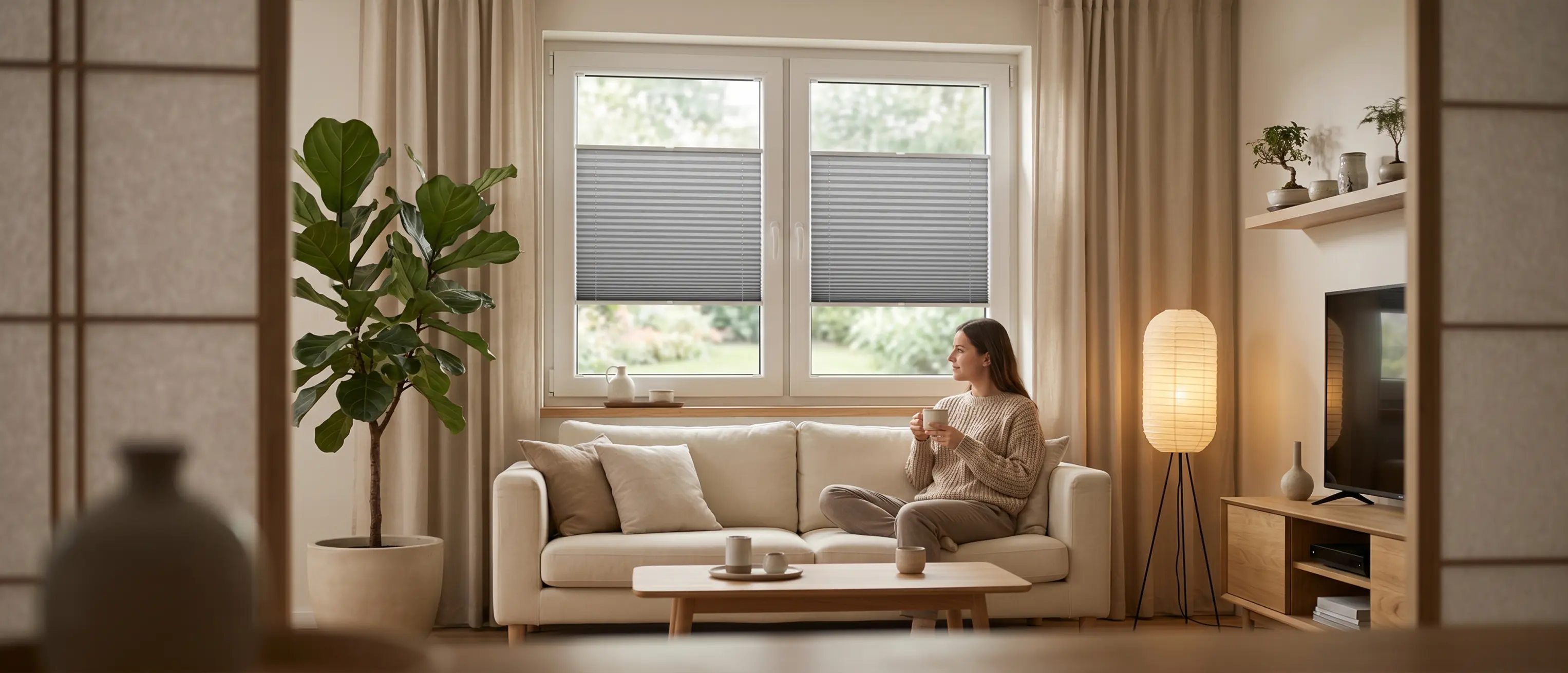 A woman sitting on a sofa in a Japandi-style living room, with grey pleated blinds on the window.