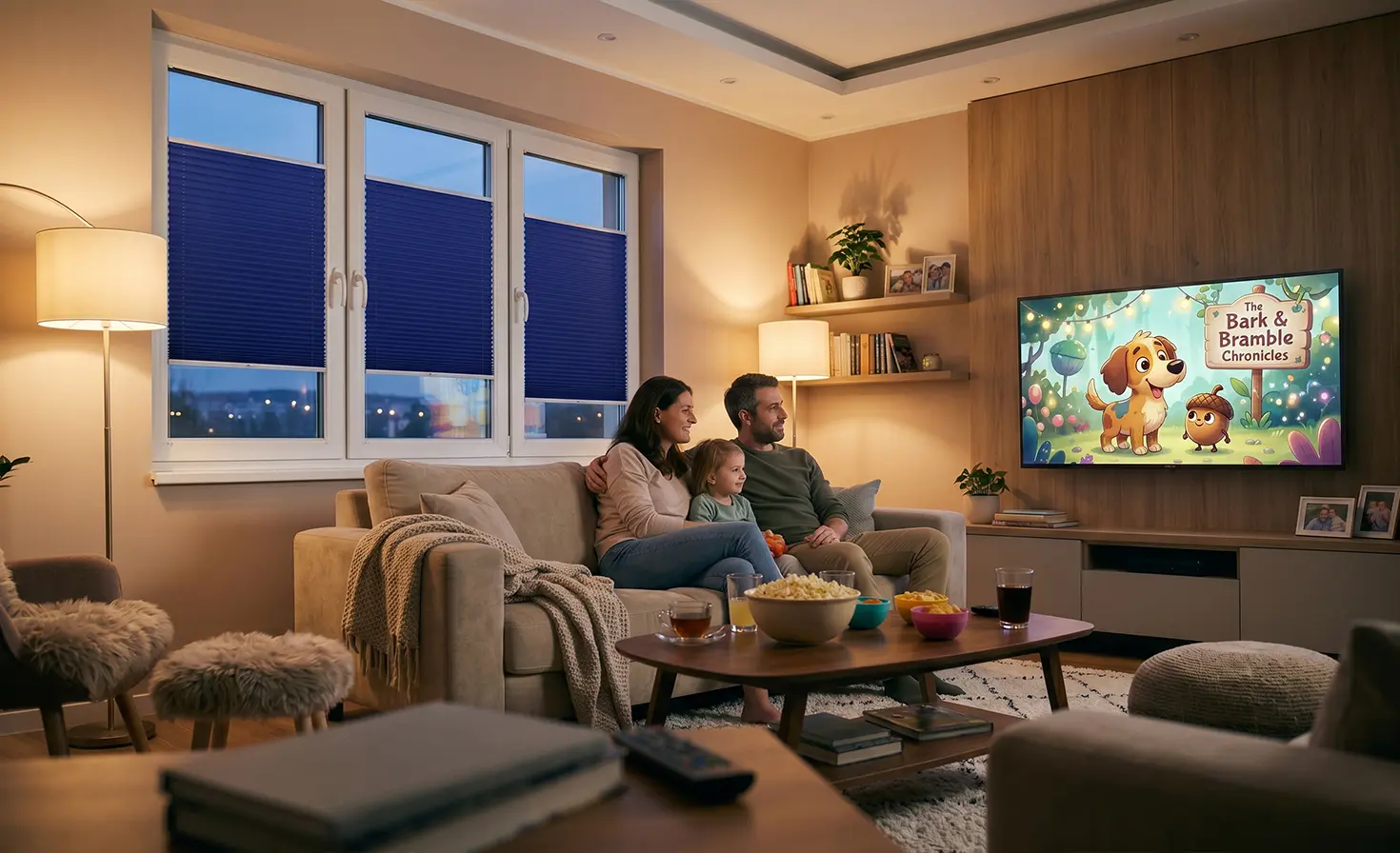 Family sitting on the sofa in front of the TV watching a film in a home cinema