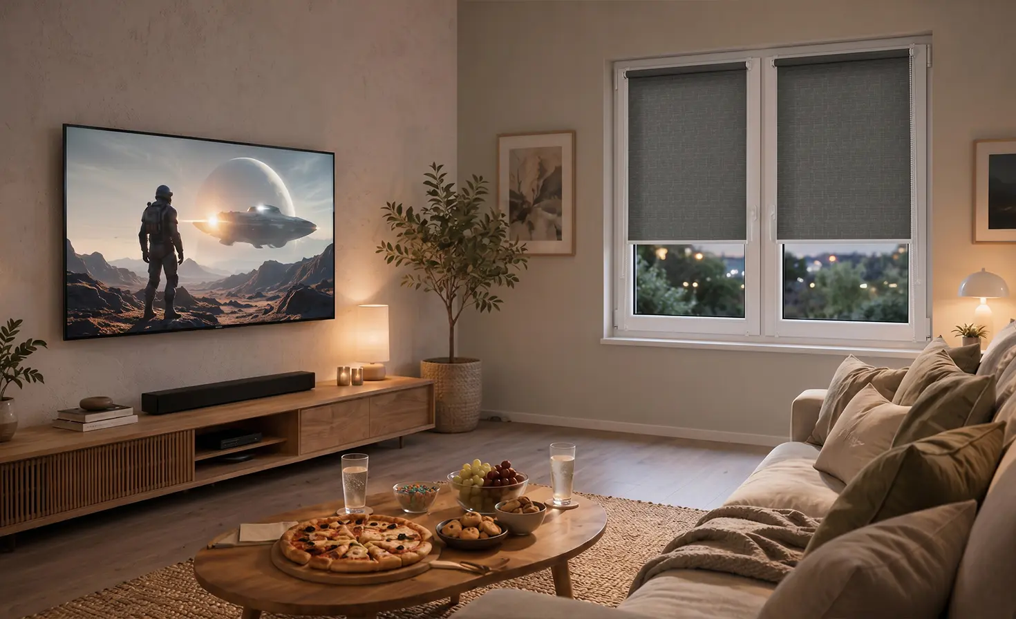 Women sitting on the sofa in front of the TV in a home cinema