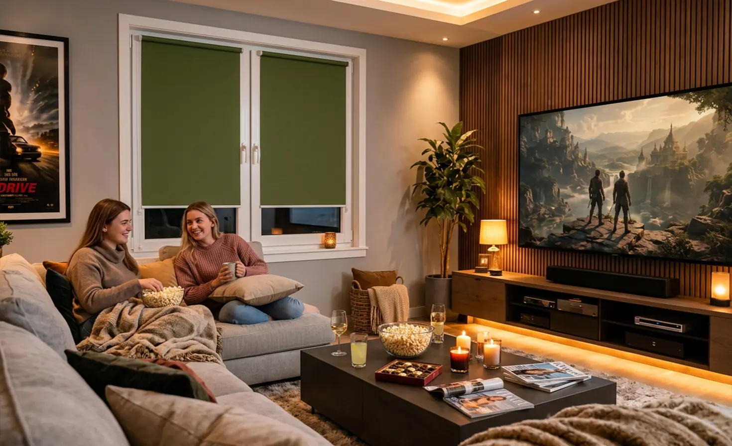 Large TV on the wall in a cosy living room, grey standard roller blinds on the window