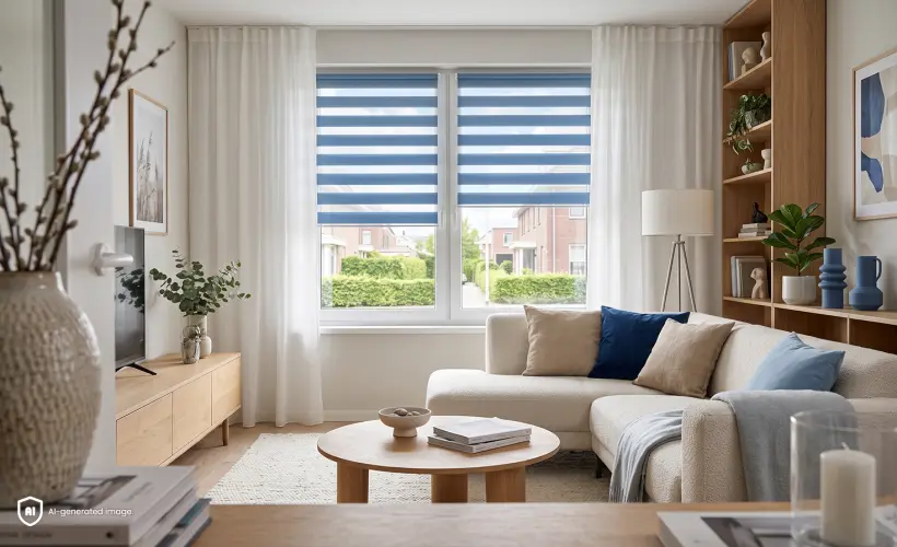 A cosy blue-and-white living room. A blue day-and-night blind can be seen in the background.
