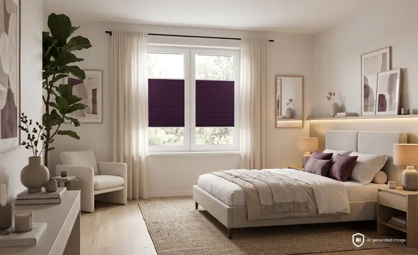 A large and elegant bedroom with a beautiful pleated blind matching the colour of the accessories.