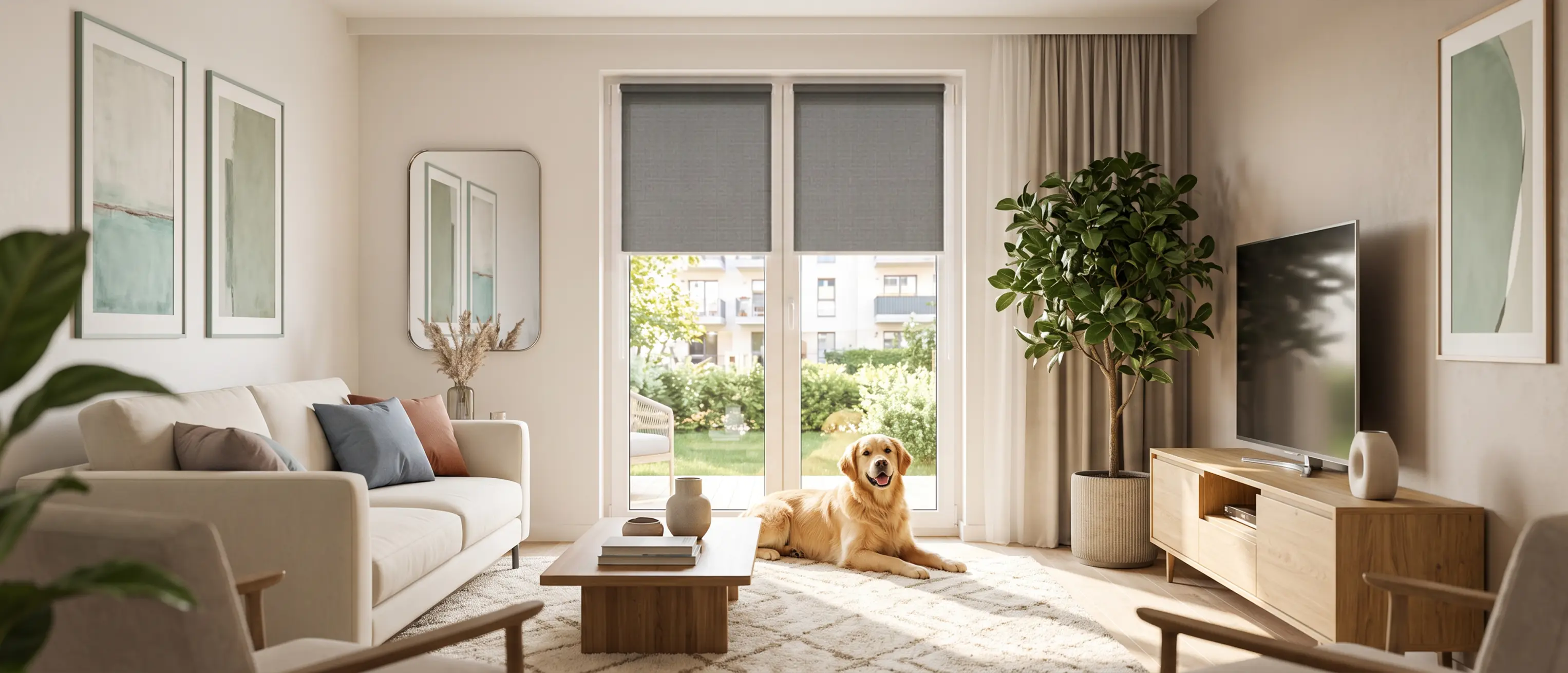 A large, bright living room where a dog is resting. Grey roller blinds can be seen in the background.