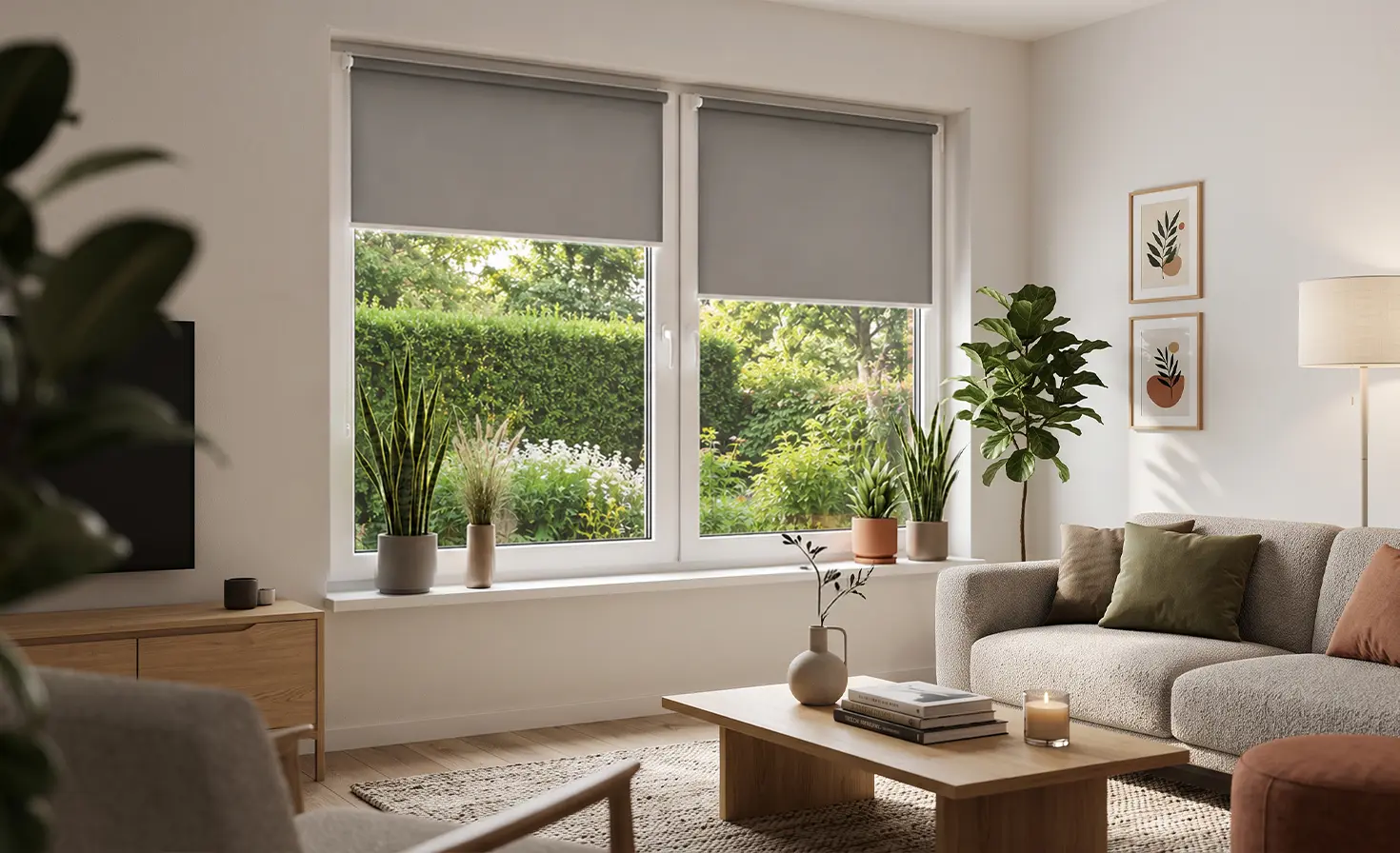A living room overlooking a large green garden outside the window. A grey roller blind is installed on the window.