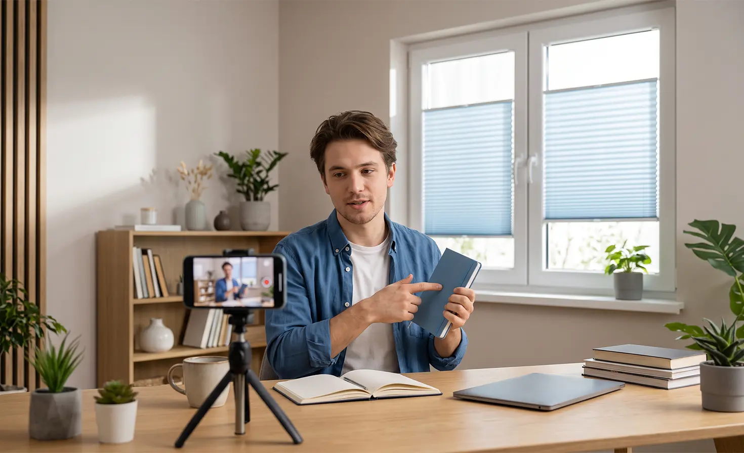 A man recording a book review video at his desk, with blue standard pleated blinds on the window in the background.