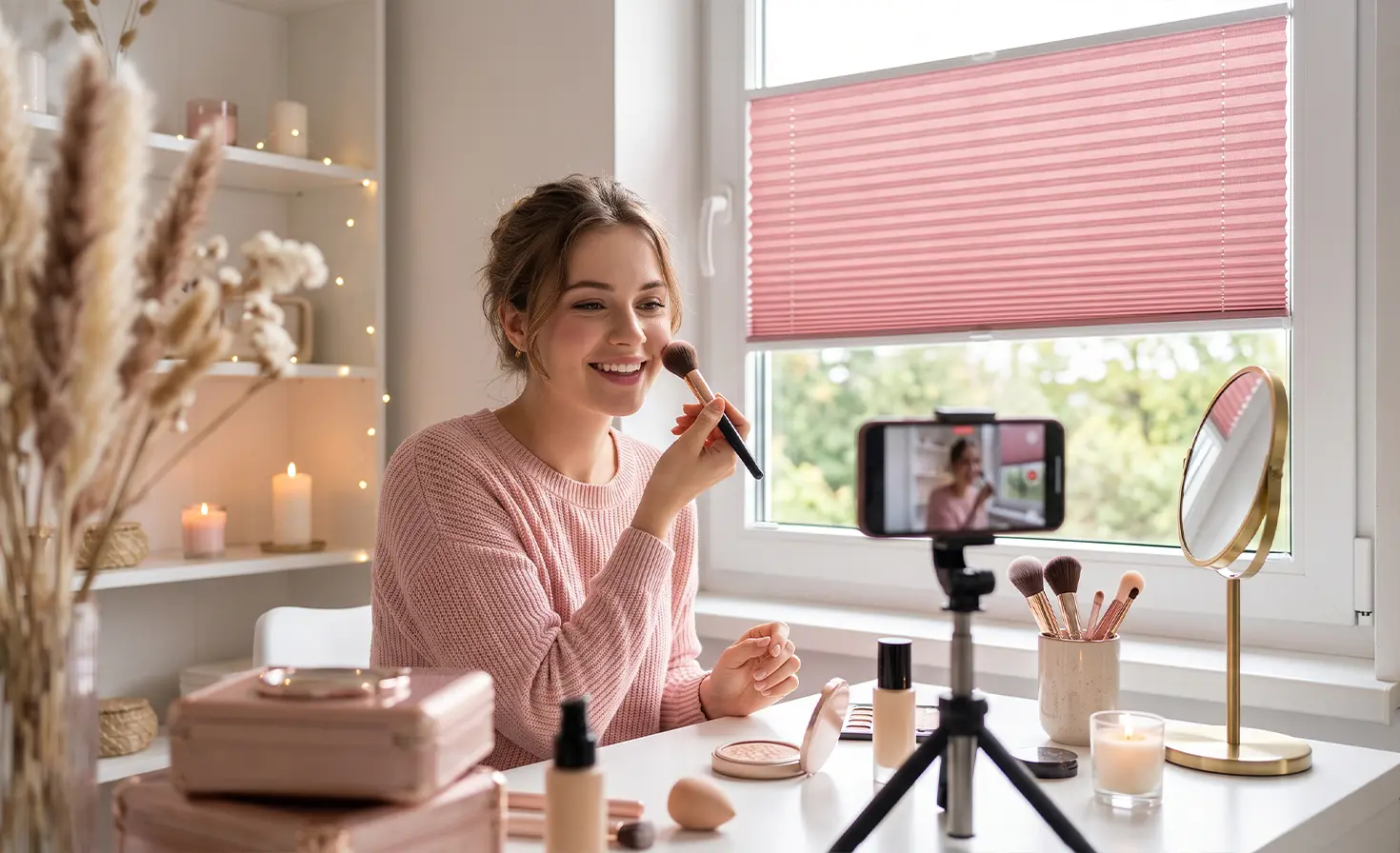 A woman filming herself applying makeup in front of a mirror with her phone, with a pink standard pleated blind on the window in the background.