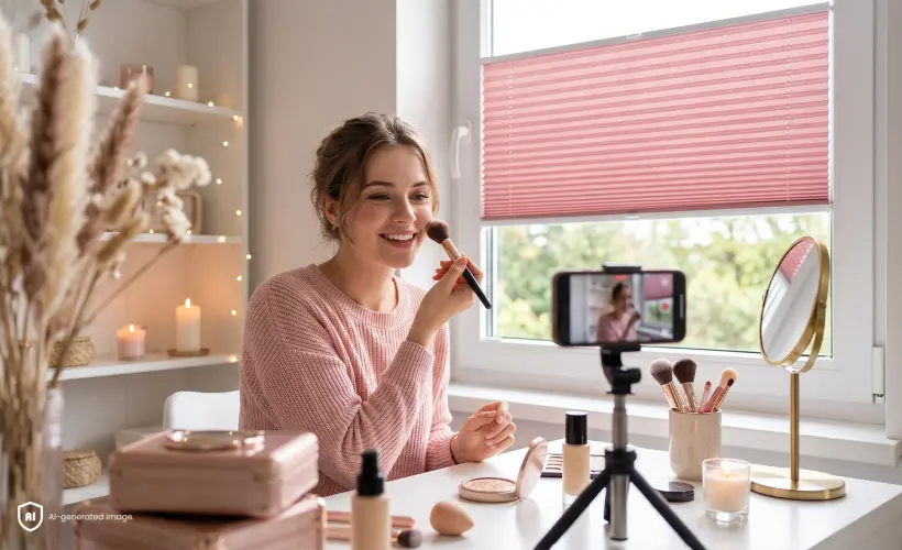 A woman filming herself applying makeup in front of a mirror with her phone, with a pink standard pleated blind on the window in the background.