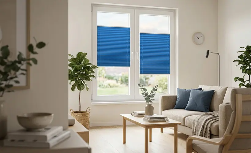 A bright living room with a large window, blue pleated blinds, wooden furniture, and styling in the Cloud Dancer shade