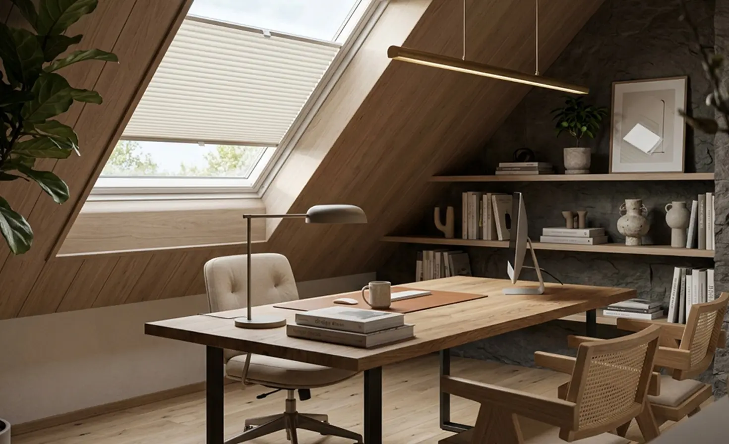 A cosy japandi-style office in the attic with a Velux roof window and a white roller blind