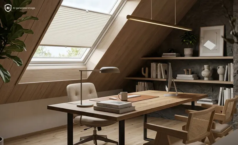 A cosy japandi-style office in the attic with a Velux roof window and a white roller blind
