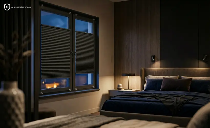 A dark, minimalist bedroom at night with a black blackout roller blind