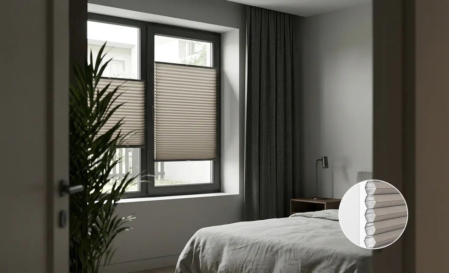A dark grey bedroom with day and night blinds in grey on the window