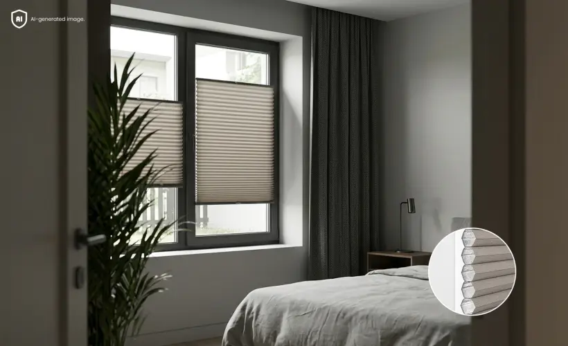 A dark grey bedroom with day and night blinds in grey on the window