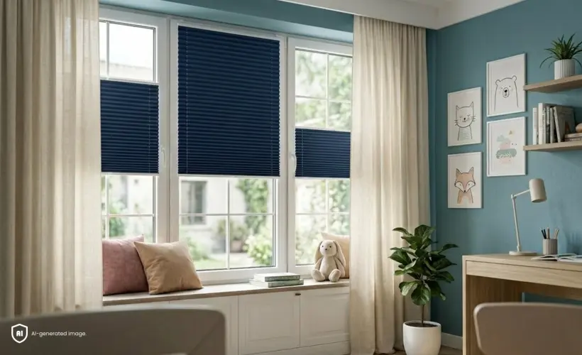 A blue children's room with navy blackout roller blinds on the window