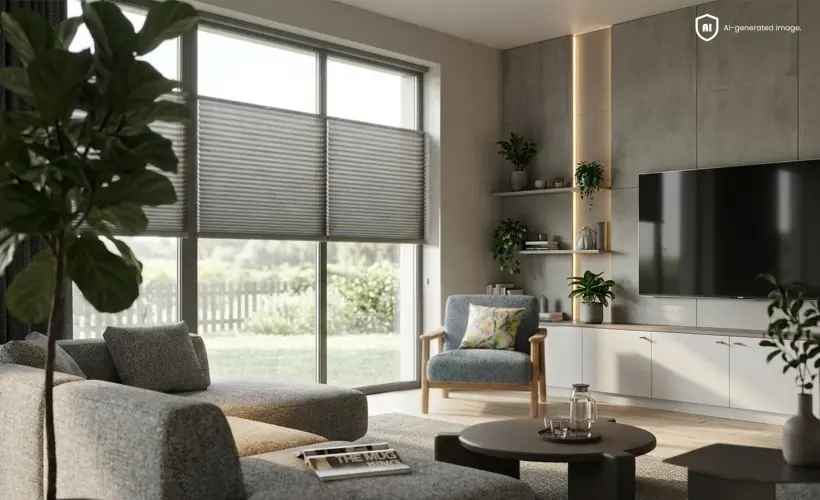 A spacious, sunny living room with large windows and grey roller blinds