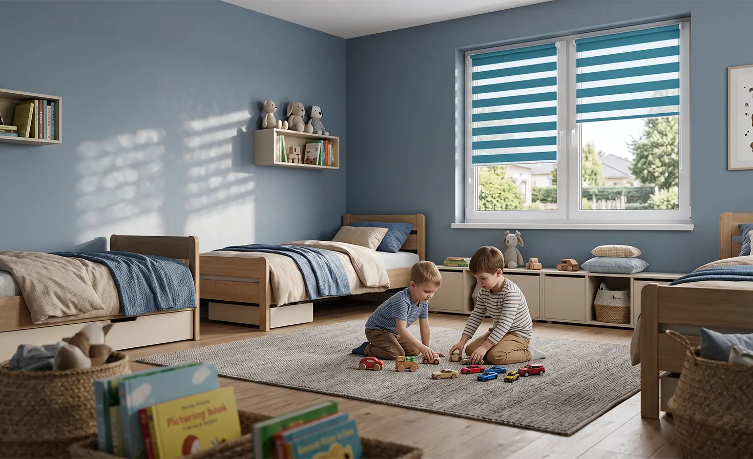 Two young boys playing on the rug in a children’s room, with blue day and night blinds on the window in the background.
