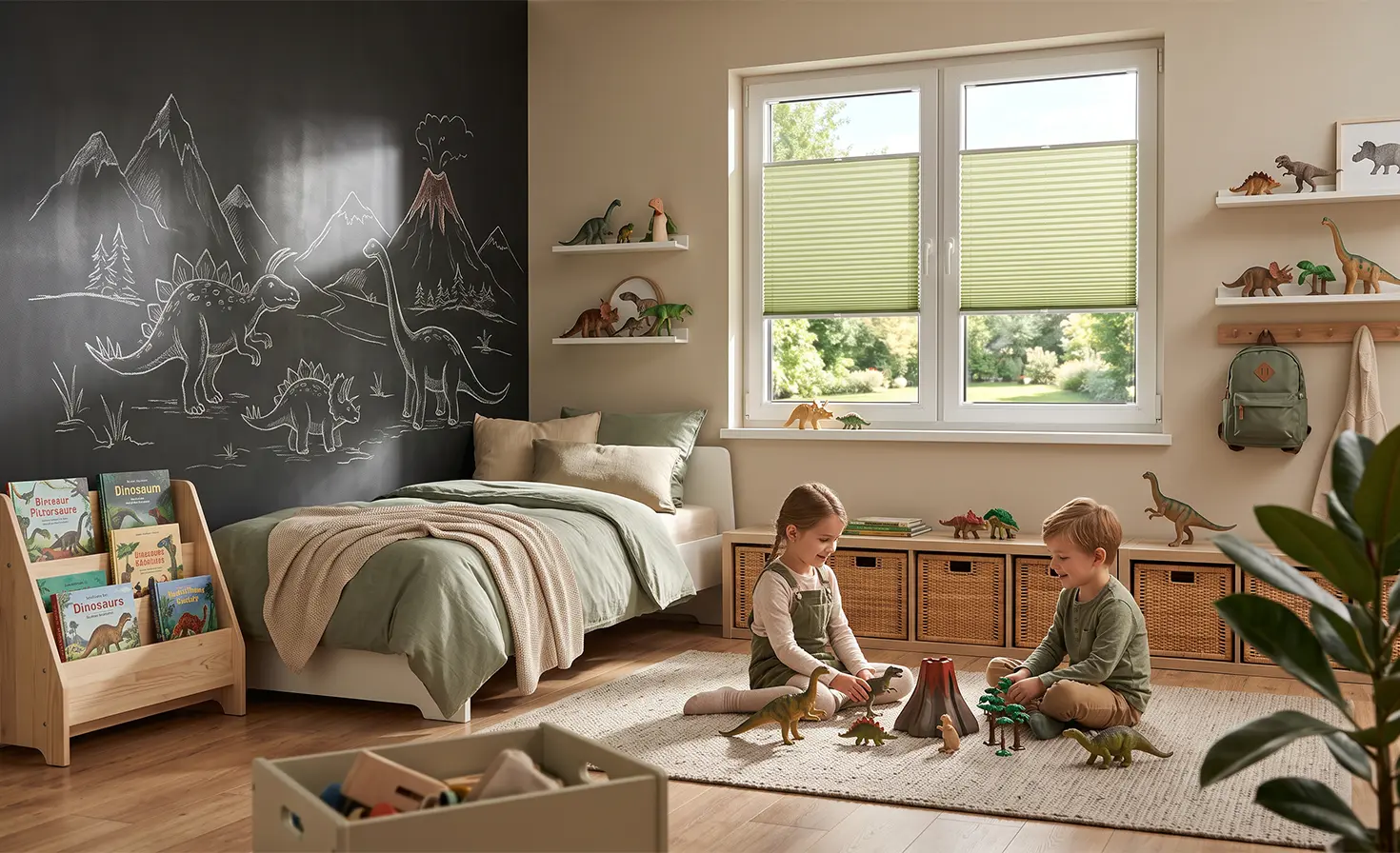 Children playing on the rug in a children’s room with a dinosaur theme, with pistachio green standard pleated blinds on the window in the background.
