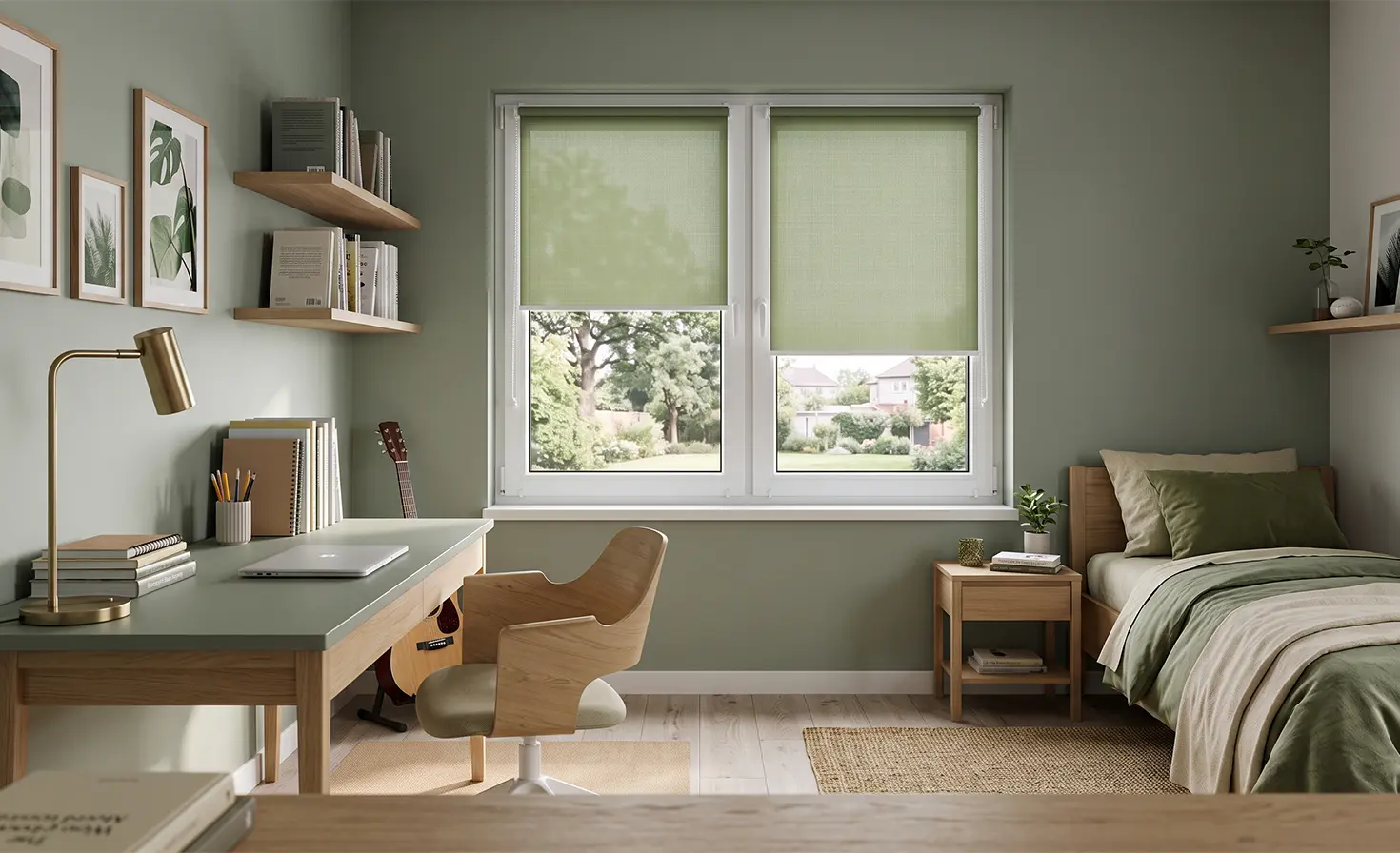 A green children’s room decorated in a modern style, with green standard blinds on the window.