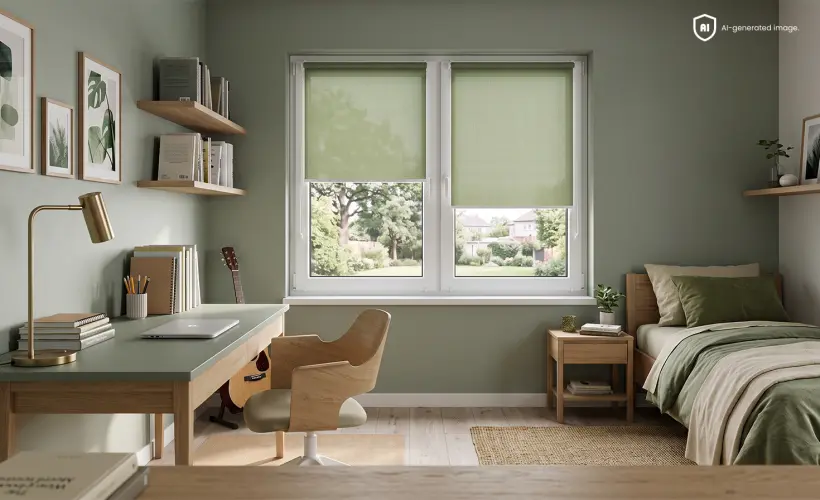 A green children&rsquo;s room decorated in a modern style, with green standard blinds on the window.